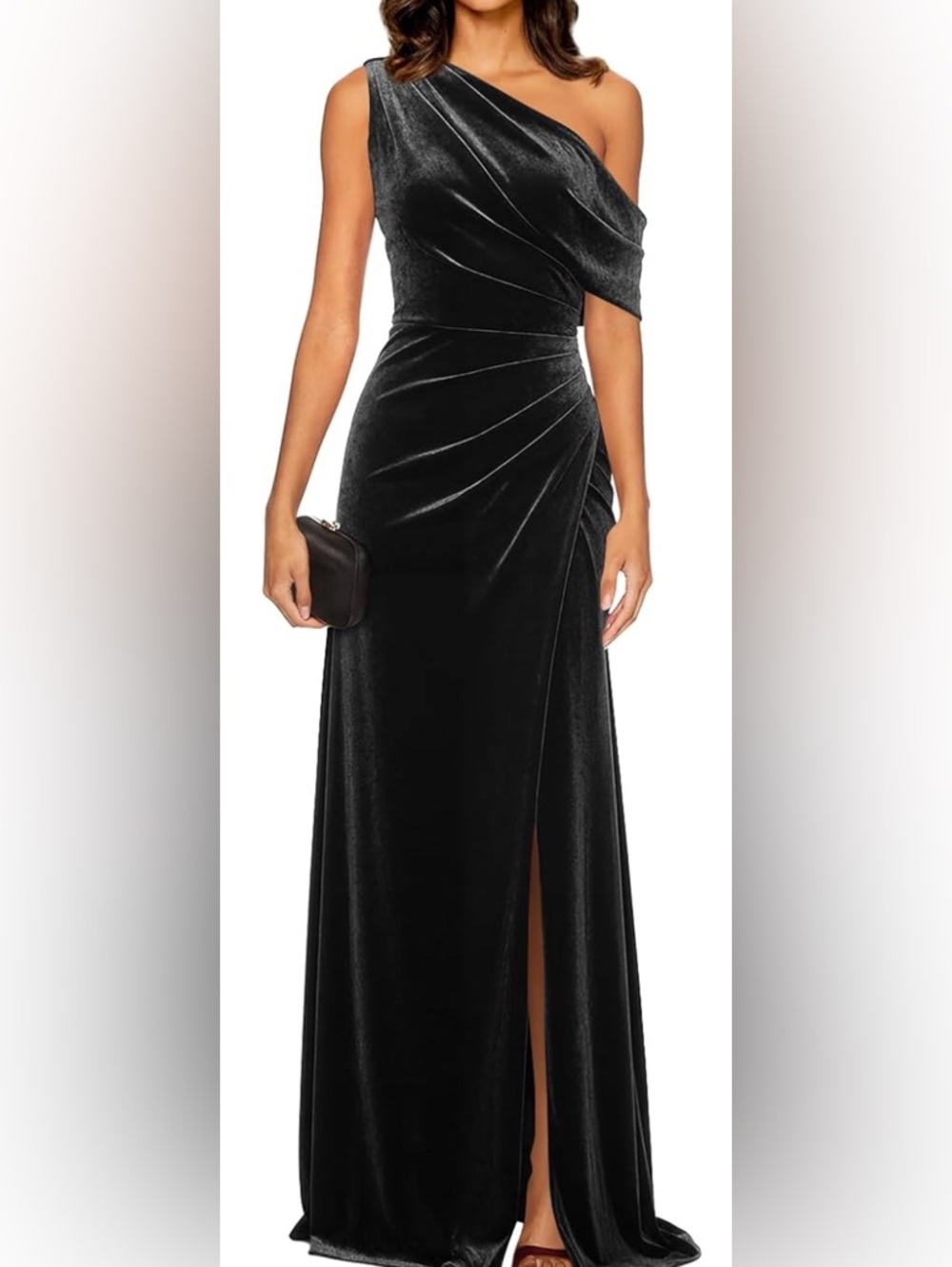 One Shoulder Black Velvet Draped Maxi Bridesmaid Dress with Slit